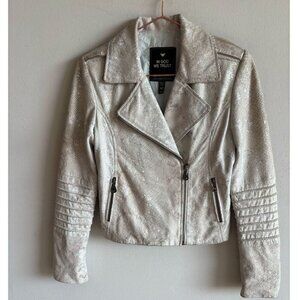 In God We Trust Women Long Sleeve Metallic Touch Leather Jacket Off White Size M